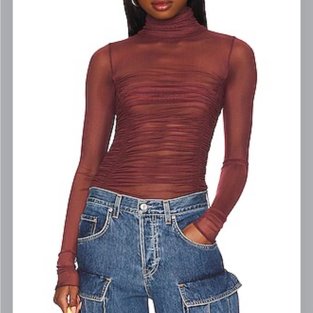 *NWT Free People Under It All Bodysuit Ruched semi-sheer mesh Chocolate Size S